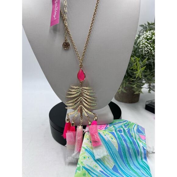 Lilly Pulitzer Jungle Rain Long Necklace (Cockatoo Pink) Tassels New with Pouch - Picture 3 of 11